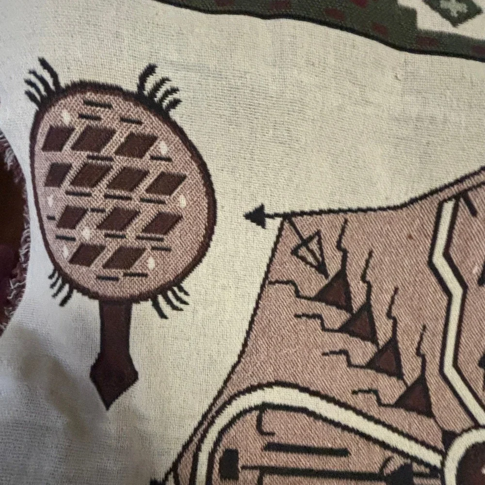 Vintage Woven Tapestry Throw Southwest Turtle Frog Cream Brown Green Blanket